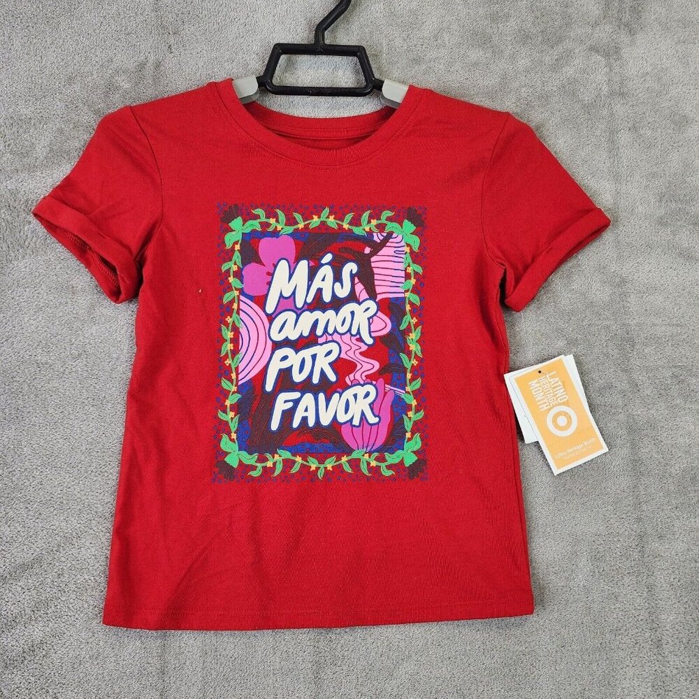 Unisex Kids Red Shirt Short Sleeve Latino Heritage "Mas Amor Por Favor" Size 5T